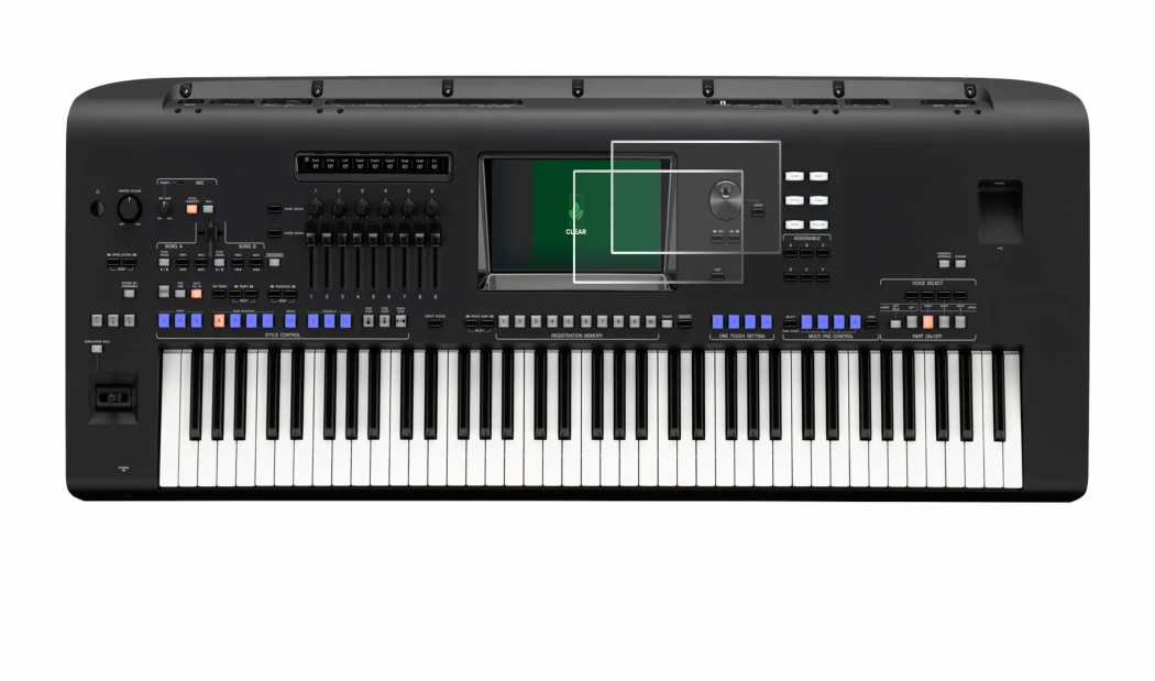 Image de l'appareil Yamaha Genos avec une grande variété de protections d'écran.