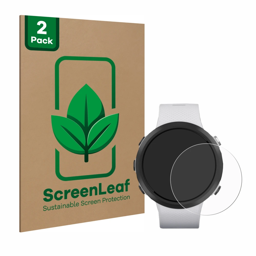 Face avant d’un emballage produit avec le logo de la marque ScreenLeaf. À côté, l’appareil Garmin Swim 2 est représenté avec l