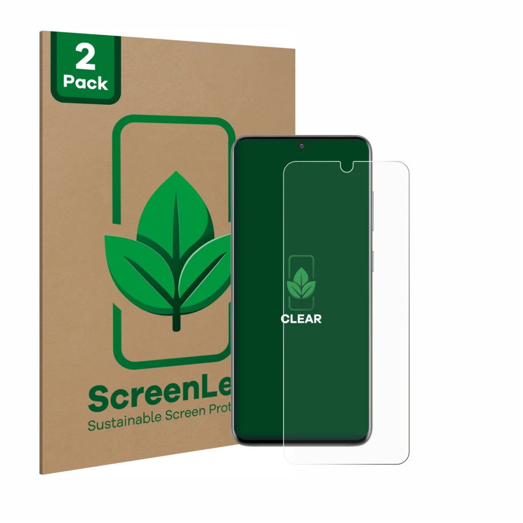 Face avant d’un emballage produit avec le logo de la marque ScreenLeaf. À côté, l’appareil Samsung Galaxy S20 est représenté a