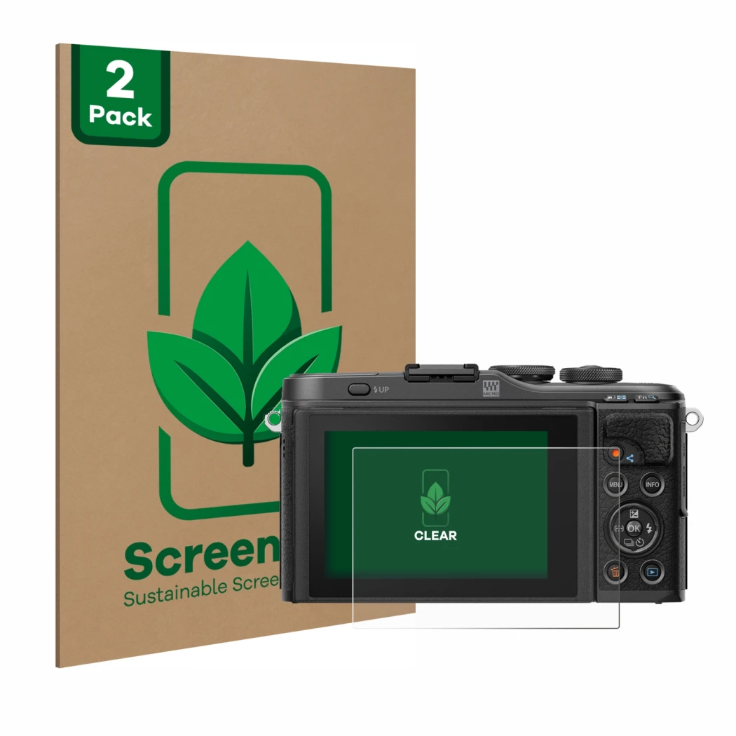 Face avant d’un emballage produit avec le logo de la marque ScreenLeaf. À côté, l’appareil Olympus PEN E-PL10 est représenté a