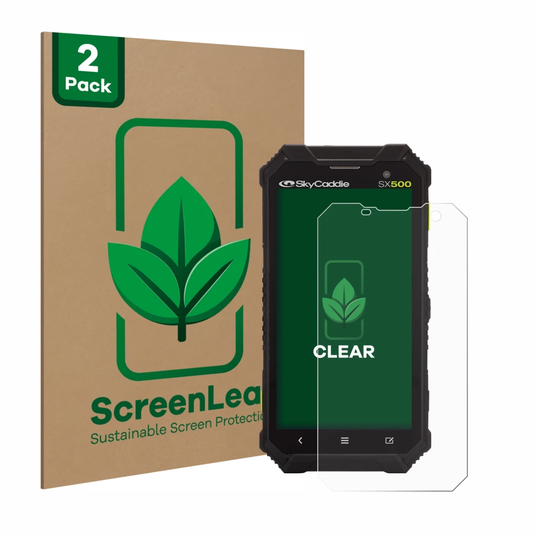 Face avant d’un emballage produit avec le logo de la marque ScreenLeaf. À côté, l’appareil SkyCaddie SX500 est représenté avec