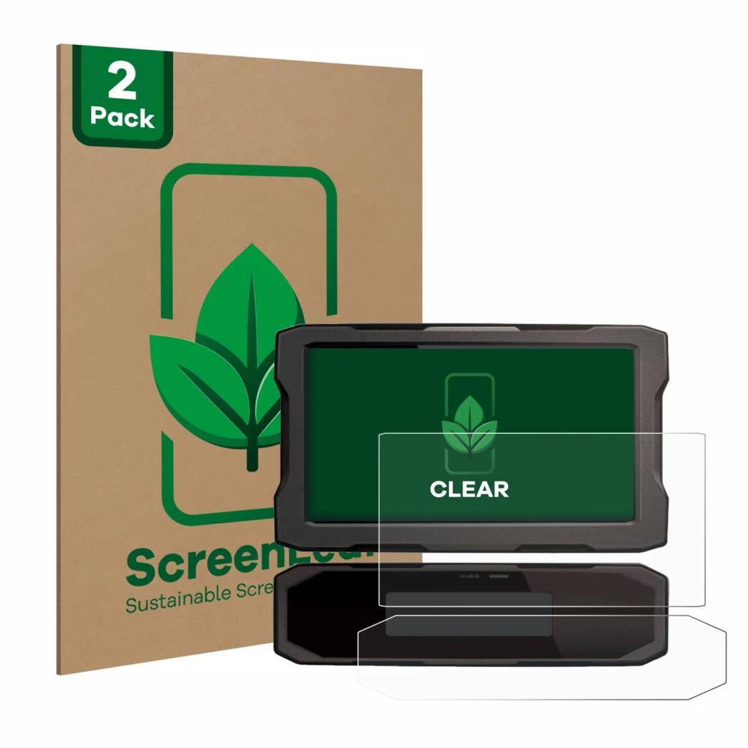 Face avant d’un emballage produit avec le logo de la marque ScreenLeaf. À côté, l’appareil Honda CRF1100L 2020 Affichage de la