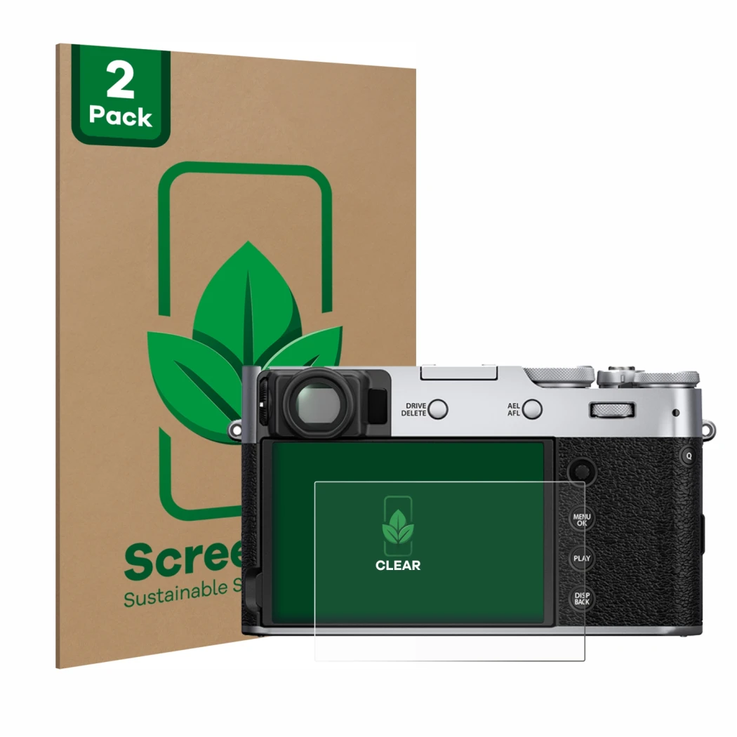 Face avant d’un emballage produit avec le logo de la marque ScreenLeaf. À côté, l’appareil Fujifilm X100V est représenté avec 