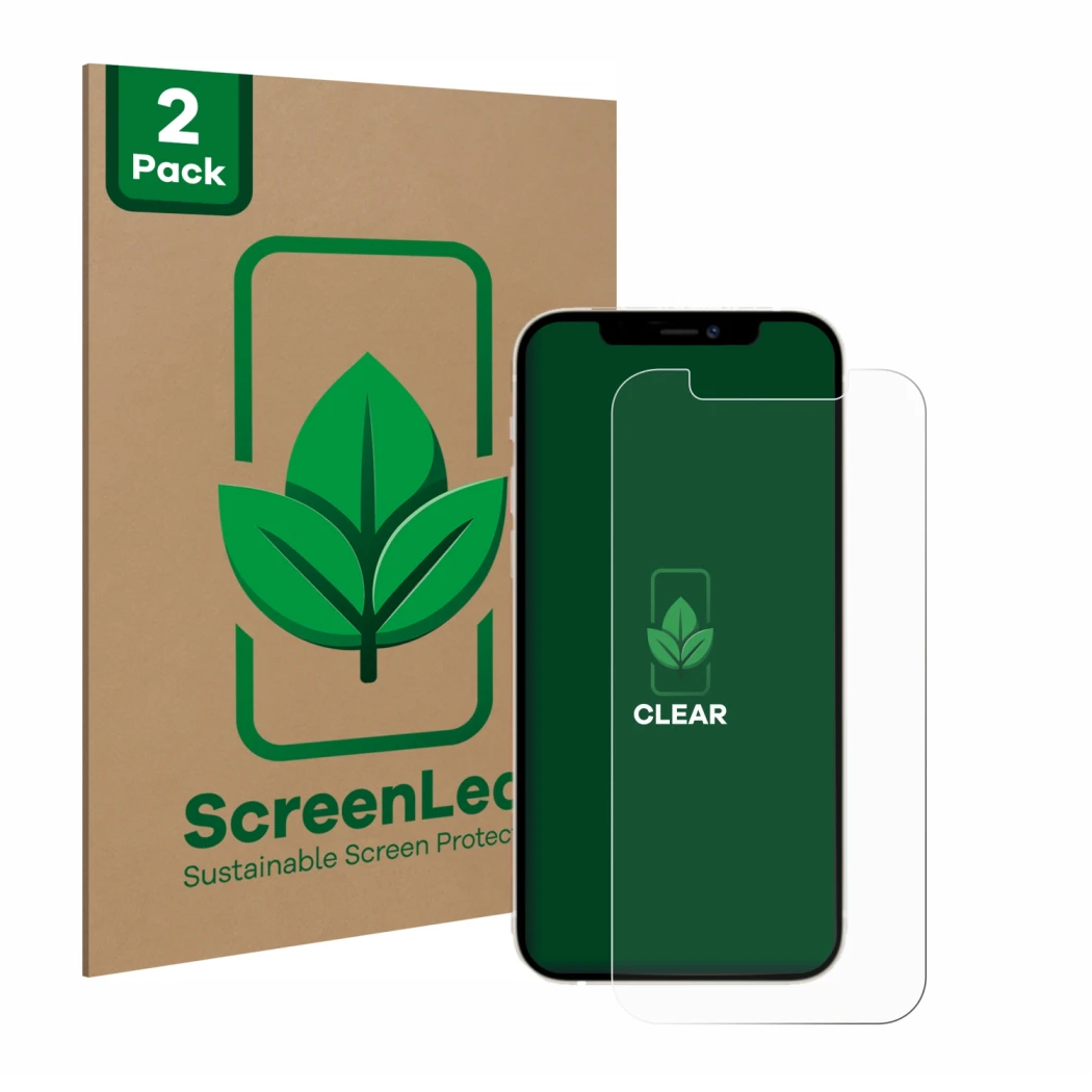 Face avant d’un emballage produit avec le logo de la marque ScreenLeaf. À côté, l’appareil Apple iPhone 12 est représenté avec