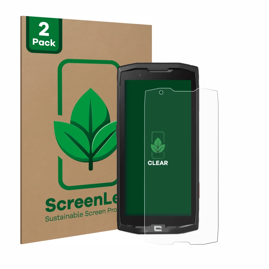 Face avant d’un emballage produit avec le logo de la marque ScreenLeaf. À côté, l’appareil Crosscall Core X4 est représenté av