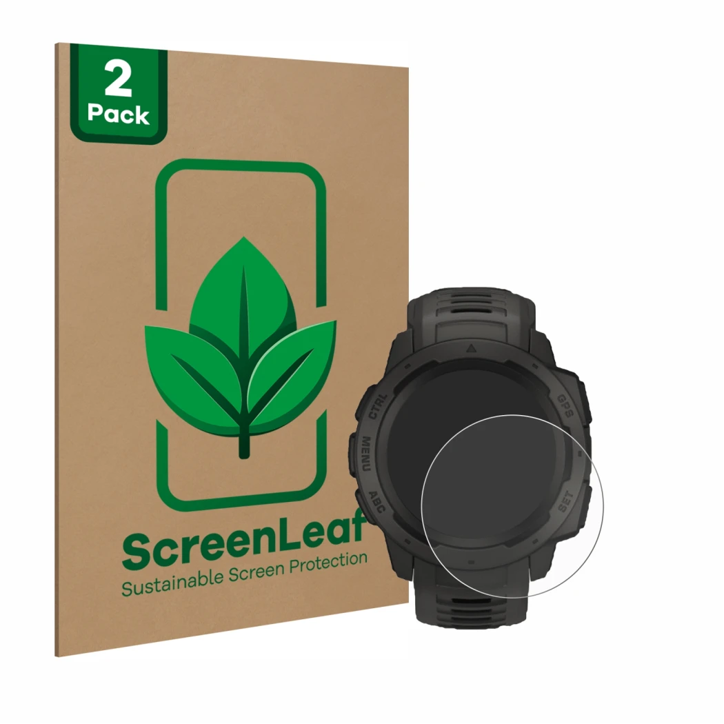 Face avant d’un emballage produit avec le logo de la marque ScreenLeaf. À côté, l’appareil Garmin Instinct Solar est représent