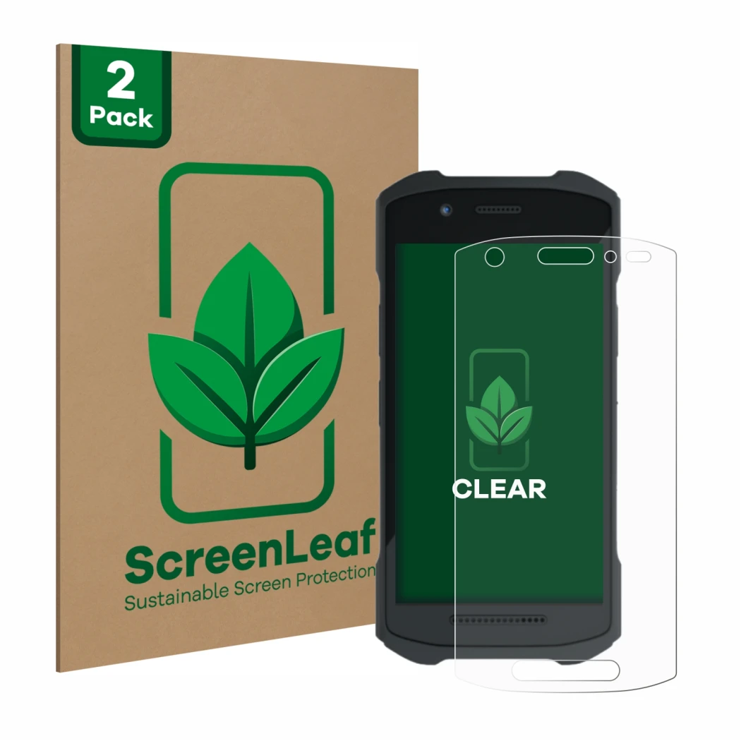 Face avant d’un emballage produit avec le logo de la marque ScreenLeaf. À côté, l’appareil Zebra TC21 est représenté avec la p