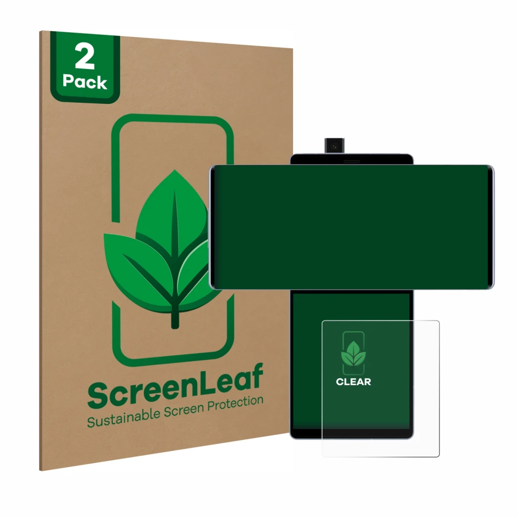 Face avant d’un emballage produit avec le logo de la marque ScreenLeaf. À côté, l’appareil LG Wing (Affichage arrière) est rep