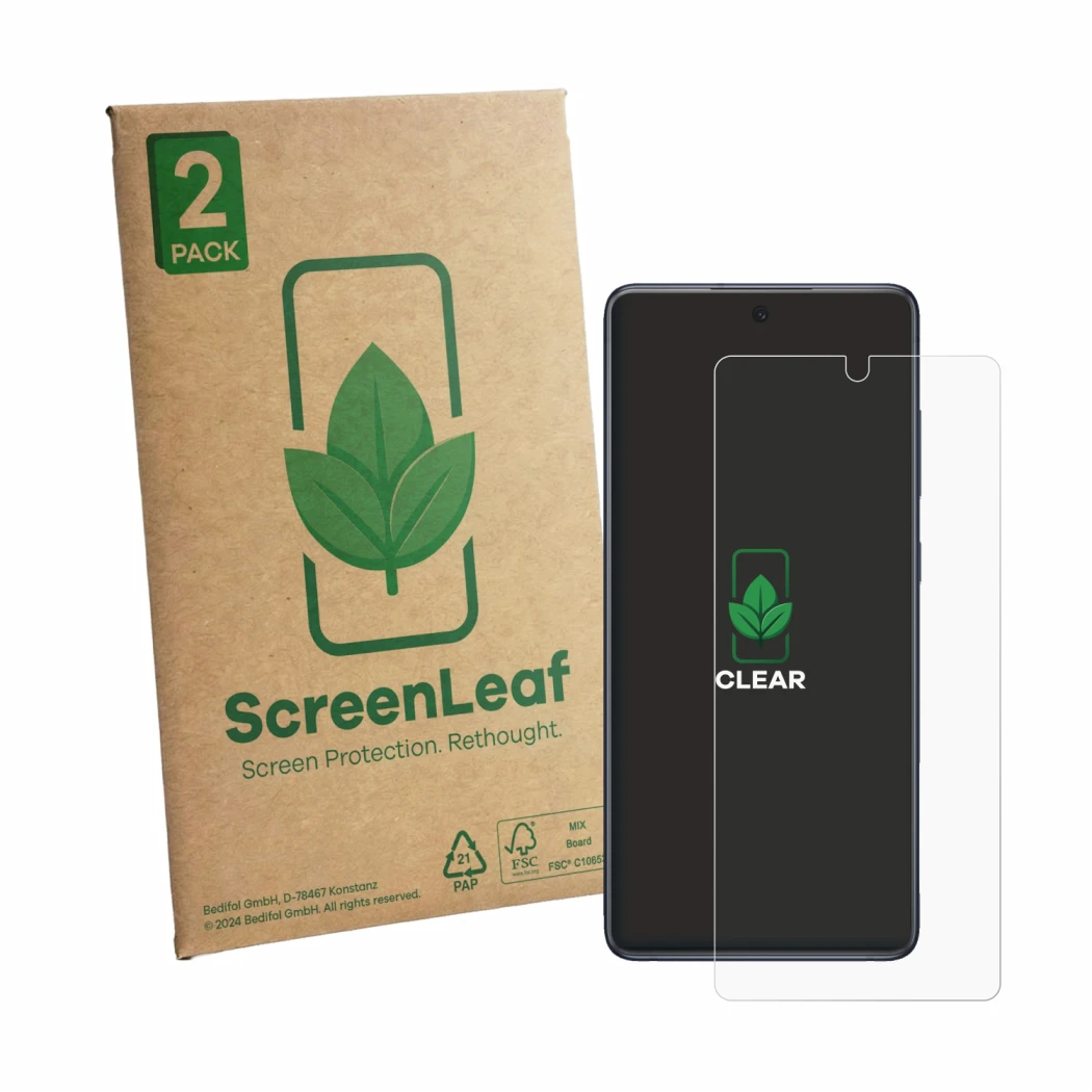 Face avant d’un emballage produit avec le logo de la marque ScreenLeaf. À côté, l’appareil Samsung Galaxy S20 FE 5G est représ