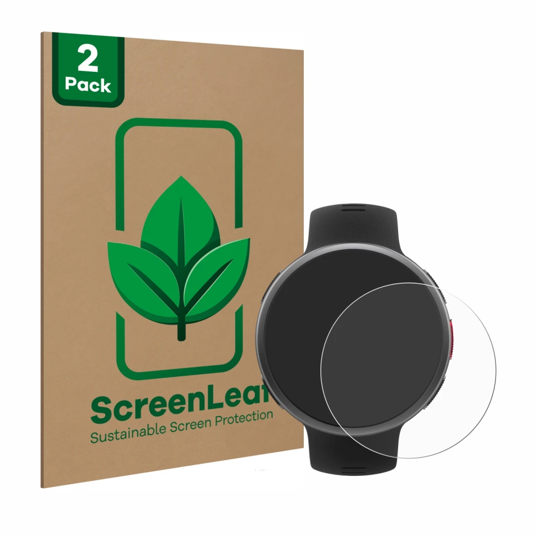 Face avant d’un emballage produit avec le logo de la marque ScreenLeaf. À côté, l’appareil Polar Vantage V2 est représenté ave