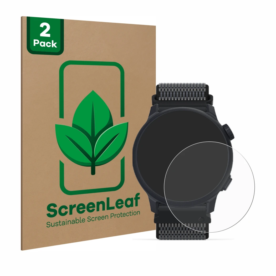 Face avant d’un emballage produit avec le logo de la marque ScreenLeaf. À côté, l’appareil Coros Pace 2 est représenté avec la