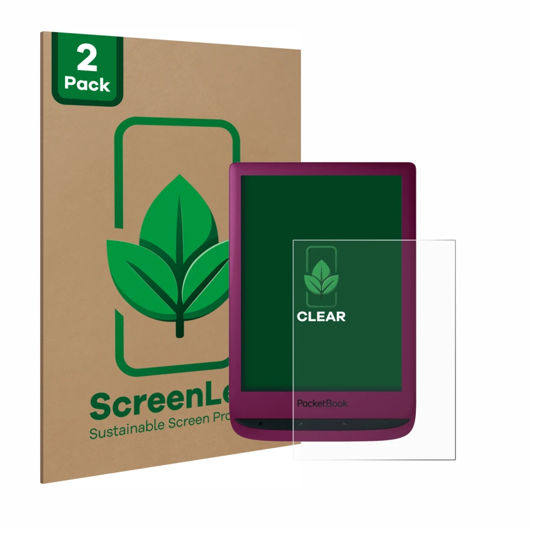 Face avant d’un emballage produit avec le logo de la marque ScreenLeaf. À côté, l’appareil PocketBook Touch Lux 5 est représen