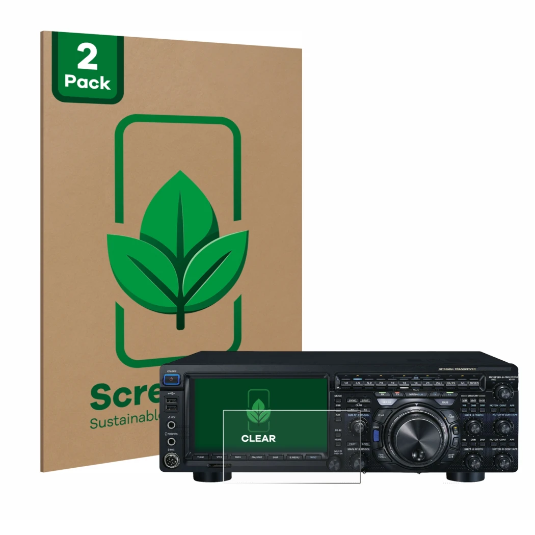 Face avant d’un emballage produit avec le logo de la marque ScreenLeaf. À côté, l’appareil Yaesu FT-DX101D est représenté avec
