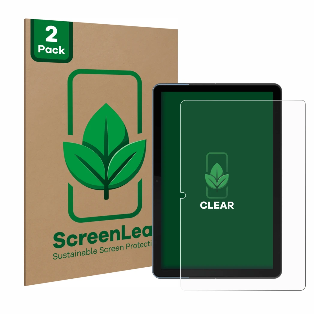 Face avant d’un emballage produit avec le logo de la marque ScreenLeaf. À côté, l’appareil Lenovo IdeaPad Duet Chromebook 10.1