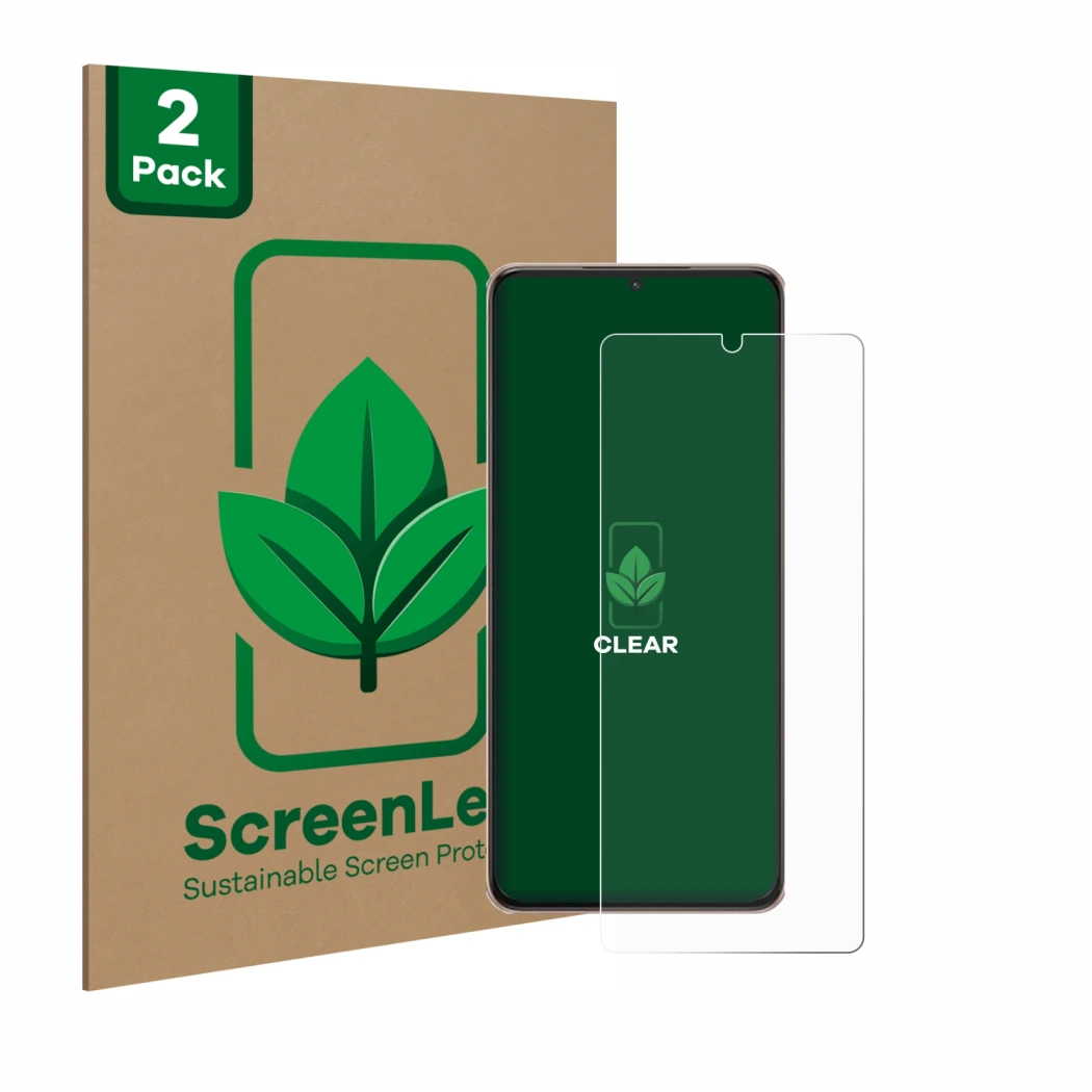 Face avant d’un emballage produit avec le logo de la marque ScreenLeaf. À côté, l’appareil Samsung Galaxy S21 Ultra 5G est rep