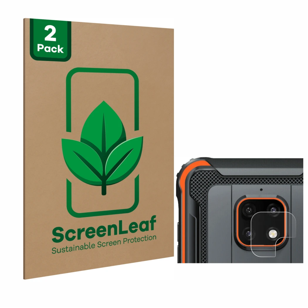 Face avant d’un emballage produit avec le logo de la marque ScreenLeaf. À côté, l’appareil Blackview BV4900 Pro (Caméra UNIQUE