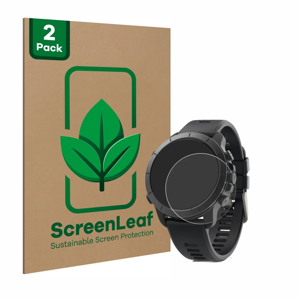 Face avant d’un emballage produit avec le logo de la marque ScreenLeaf. À côté, l’appareil Wahoo Elemnt Rival est représenté a