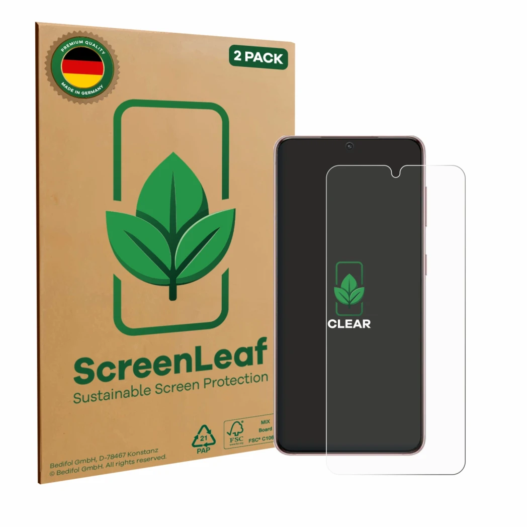 Face avant d’un emballage produit avec le logo de la marque ScreenLeaf. À côté, l’appareil Samsung Galaxy S21 5G est représent