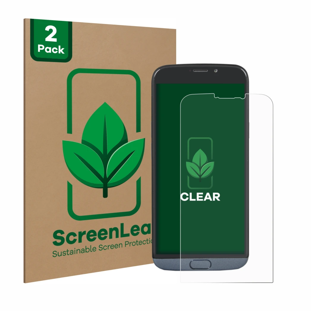 Face avant d’un emballage produit avec le logo de la marque ScreenLeaf. À côté, l’appareil Doro 8050 Plus est représenté avec 