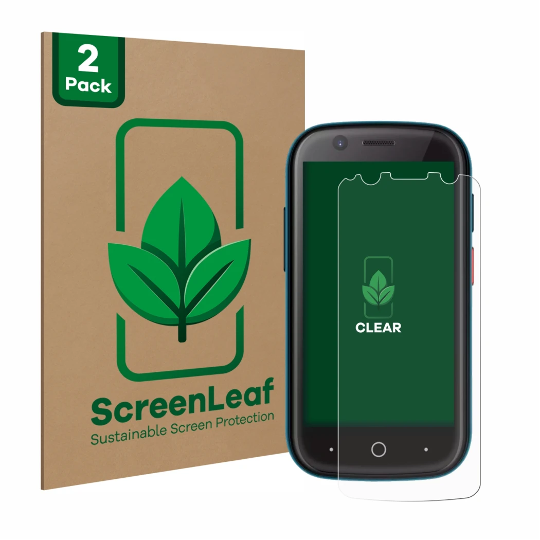Face avant d’un emballage produit avec le logo de la marque ScreenLeaf. À côté, l’appareil Unihertz Jelly 2 est représenté ave