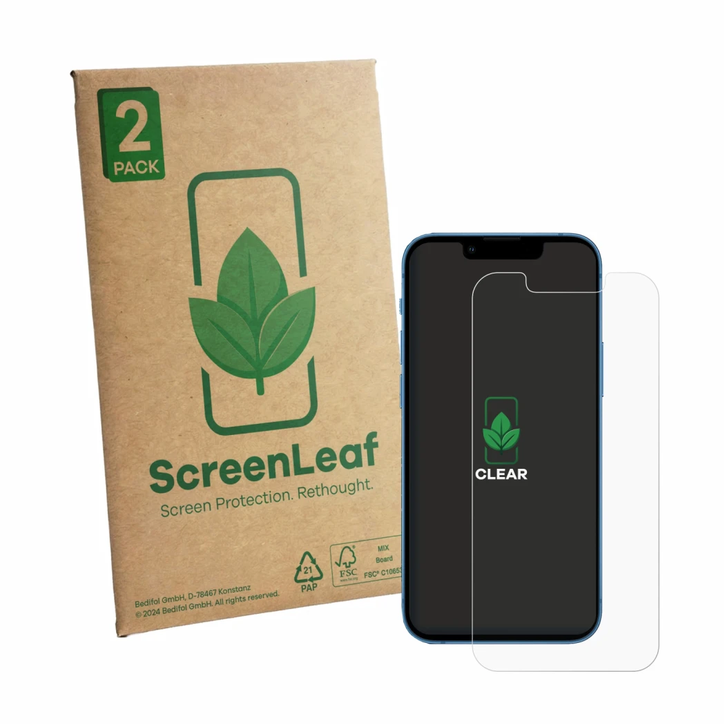 Face avant d’un emballage produit avec le logo de la marque ScreenLeaf. À côté, l’appareil Apple iPhone 13 mini est représenté