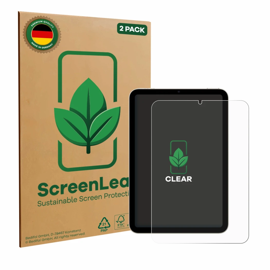 Face avant d’un emballage produit avec le logo de la marque ScreenLeaf. À côté, l’appareil Apple iPad Mini 6 WiFi 2021 est rep