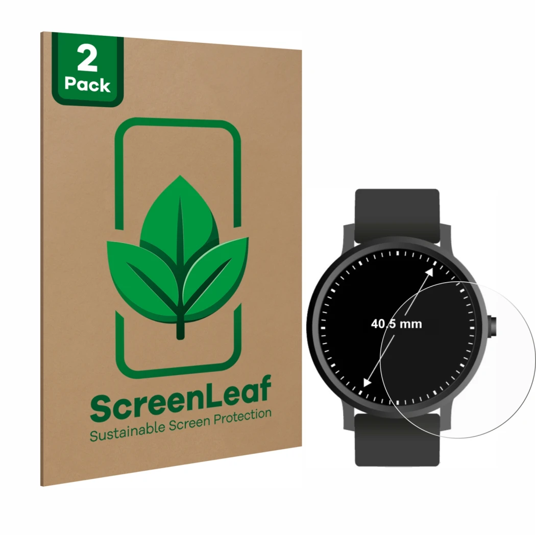 Face avant d’un emballage produit avec le logo de la marque ScreenLeaf. À côté, l’appareil Circulaire Displays (ø: 40.5 mm) es