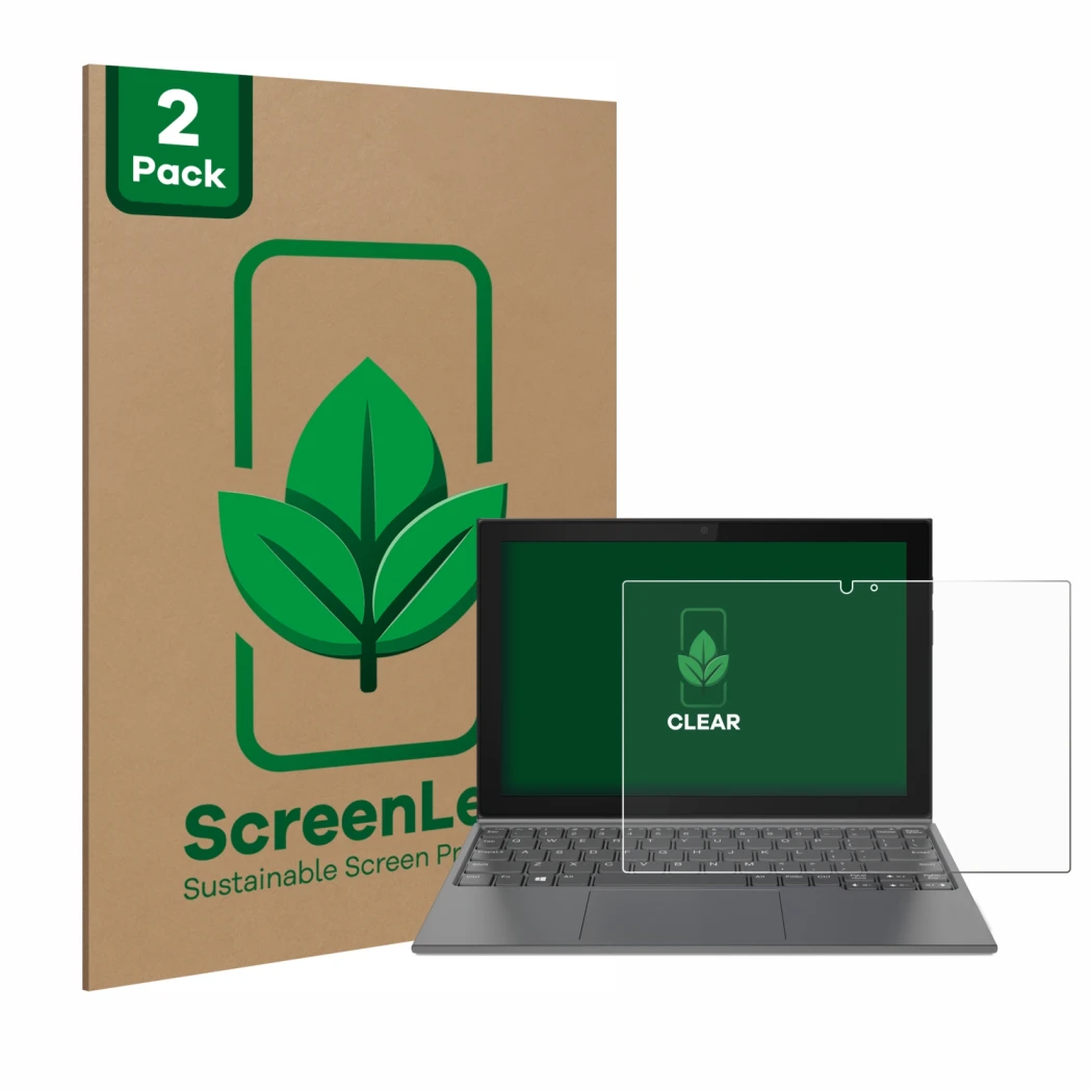 Face avant d’un emballage produit avec le logo de la marque ScreenLeaf. À côté, l’appareil Lenovo IdeaPad Duet 3 10IGL5-LTE es