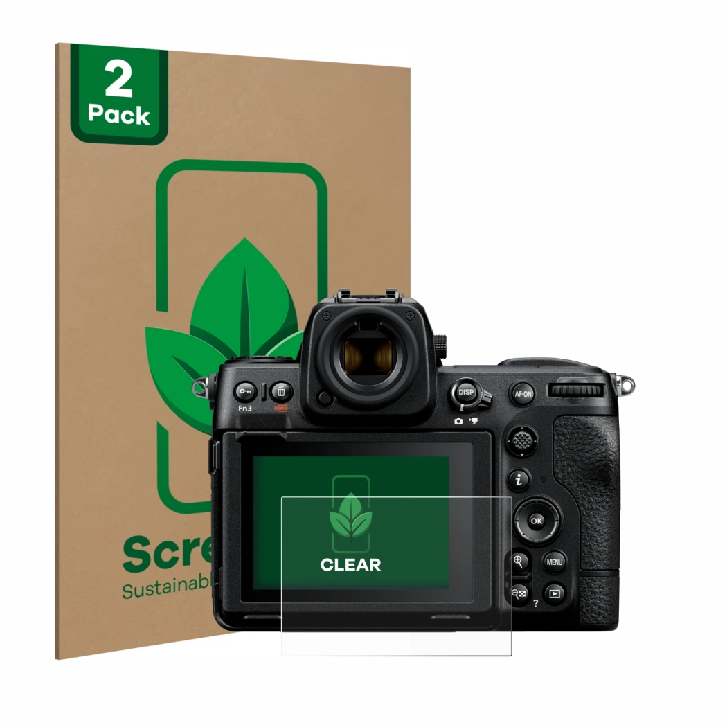 Face avant d’un emballage produit avec le logo de la marque ScreenLeaf. À côté, l’appareil Nikon Z 8 est représenté avec la pr