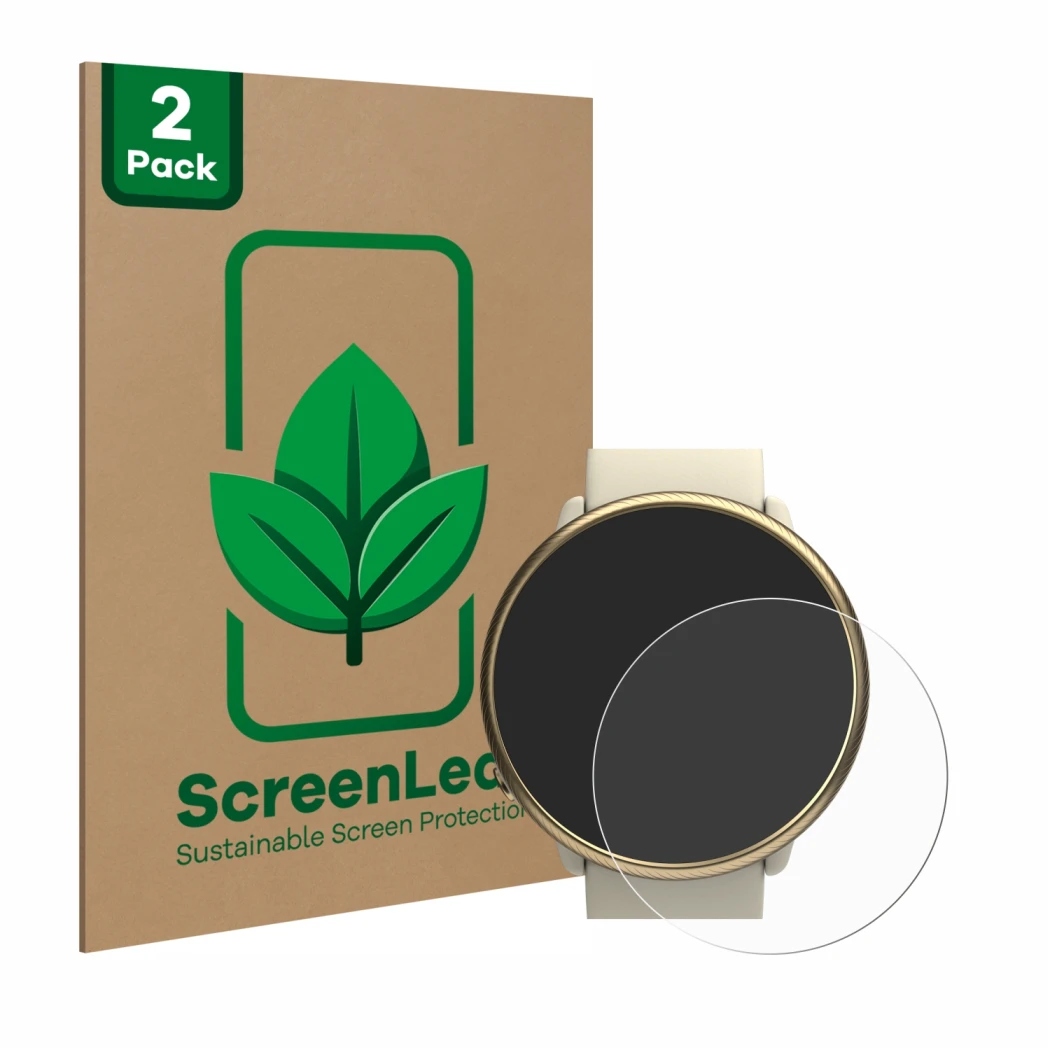 Face avant d’un emballage produit avec le logo de la marque ScreenLeaf. À côté, l’appareil Polar Ignite 2 est représenté avec 
