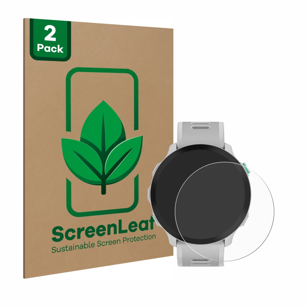 Face avant d’un emballage produit avec le logo de la marque ScreenLeaf. À côté, l’appareil Garmin Forerunner 55 est représenté