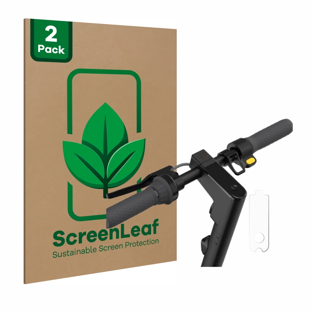Face avant d’un emballage produit avec le logo de la marque ScreenLeaf. À côté, l’appareil Segway Ninebot KickScooter MAX G30D