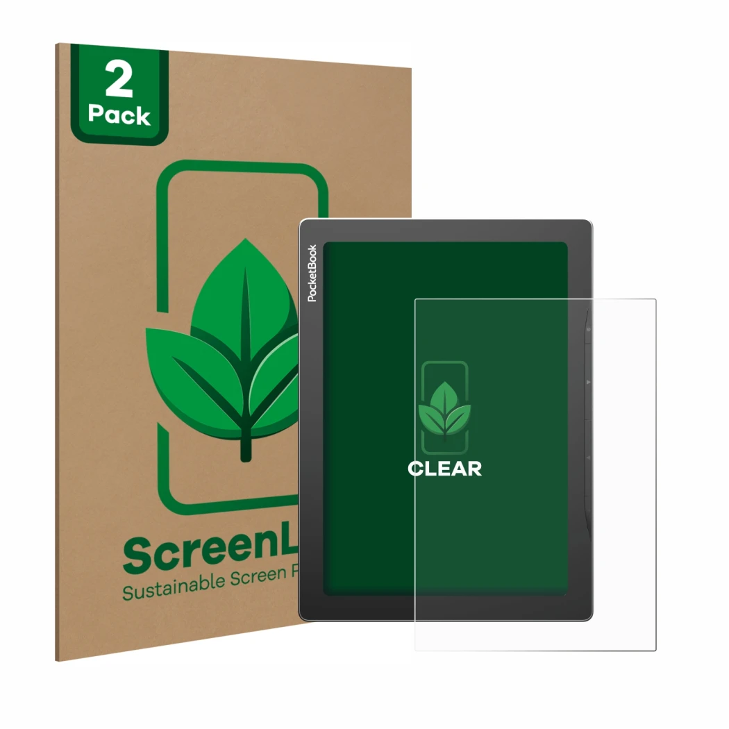 Face avant d’un emballage produit avec le logo de la marque ScreenLeaf. À côté, l’appareil PocketBook InkPad Lite est représen