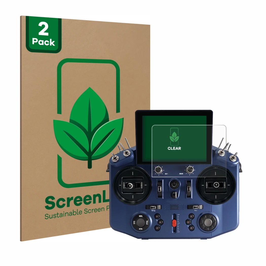 Face avant d’un emballage produit avec le logo de la marque ScreenLeaf. À côté, l’appareil FrSky Tandem X20S est représenté av