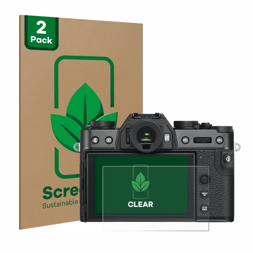 Face avant d’un emballage produit avec le logo de la marque ScreenLeaf. À côté, l’appareil Fujifilm X-T30 ll est représenté av