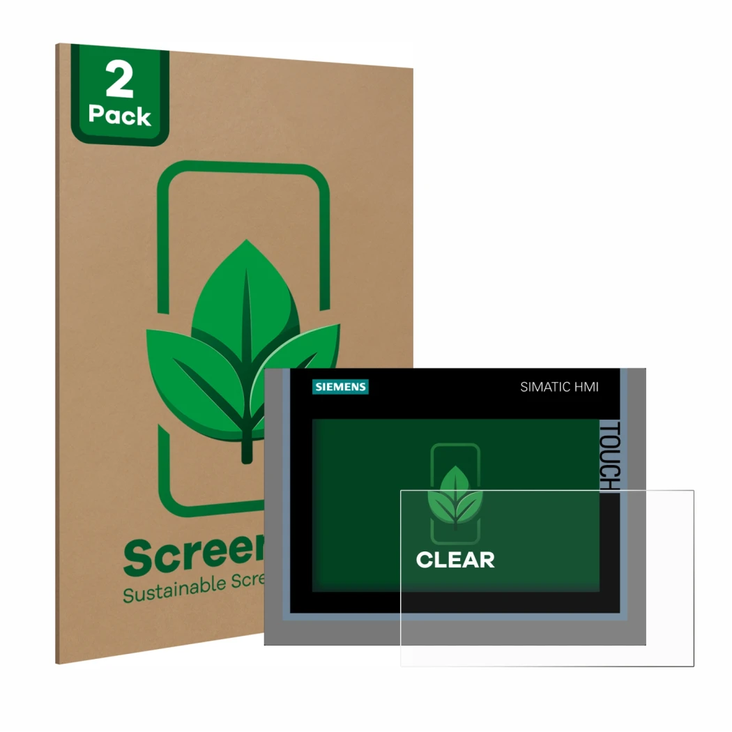 Face avant d’un emballage produit avec le logo de la marque ScreenLeaf. À côté, l’appareil Siemens Simatic HMI TP700 Comfort e