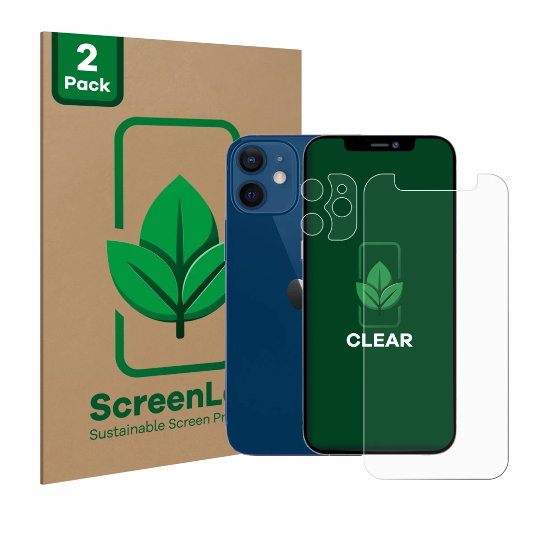 Face avant d’un emballage produit avec le logo de la marque ScreenLeaf. À côté, l’appareil Apple iPhone 12 mini (Avant+Caméra)