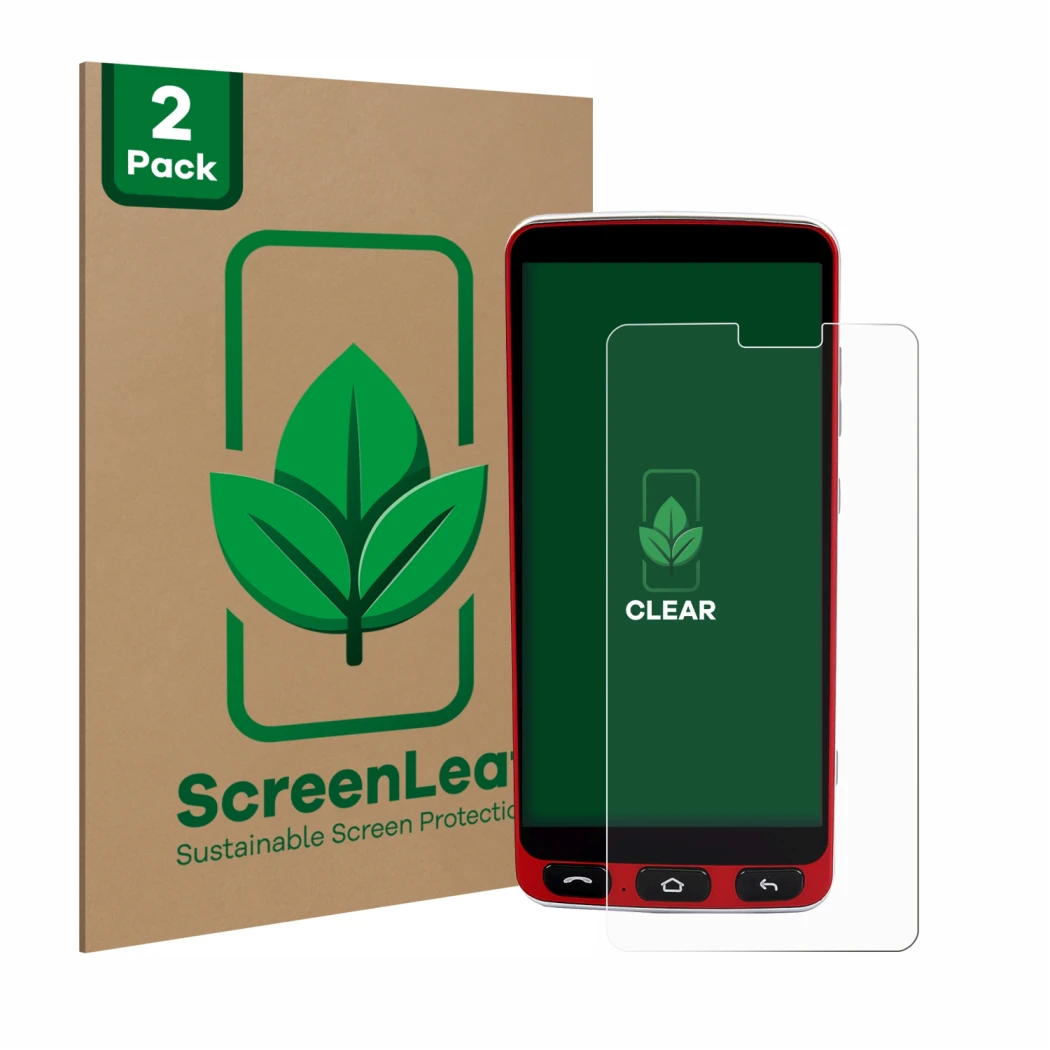 Face avant d’un emballage produit avec le logo de la marque ScreenLeaf. À côté, l’appareil Olympia Neo Smartphone est représen