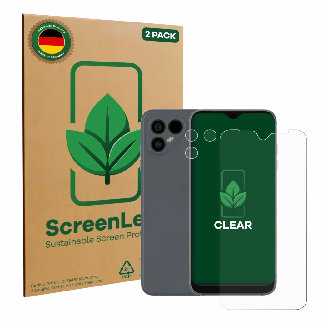 Face avant d’un emballage produit avec le logo de la marque ScreenLeaf. À côté, l’appareil Fairphone 4 (Avant+Caméra) est repr