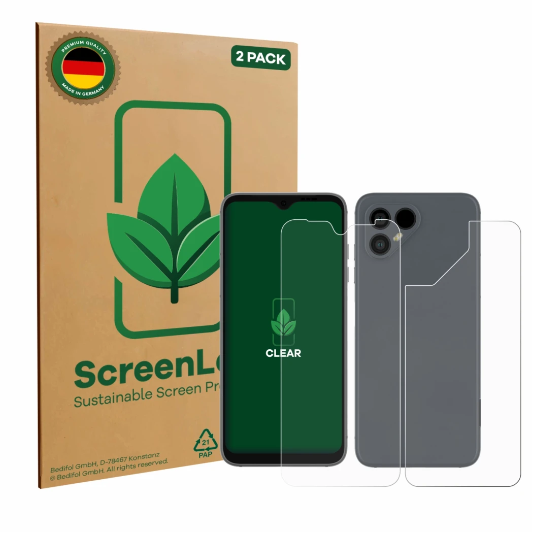 Face avant d’un emballage produit avec le logo de la marque ScreenLeaf. À côté, l’appareil Fairphone 4 (Avant+Arrière) est rep