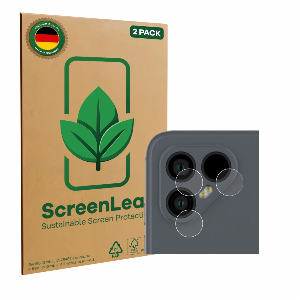 Face avant d’un emballage produit avec le logo de la marque ScreenLeaf. À côté, l’appareil Fairphone 4 (Caméra UNIQUEMENT) est