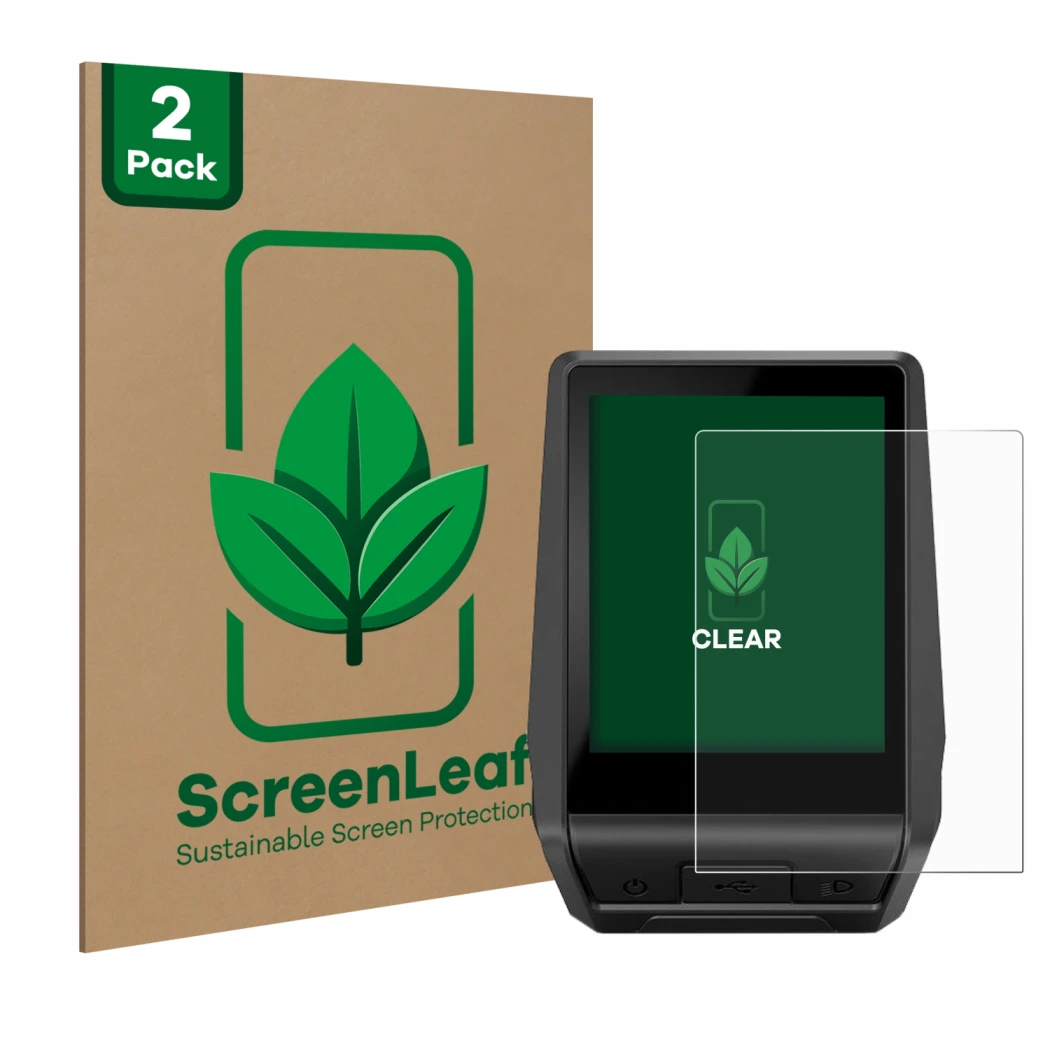 Face avant d’un emballage produit avec le logo de la marque ScreenLeaf. À côté, l’appareil Bosch Nyon 2 2021 est représenté av