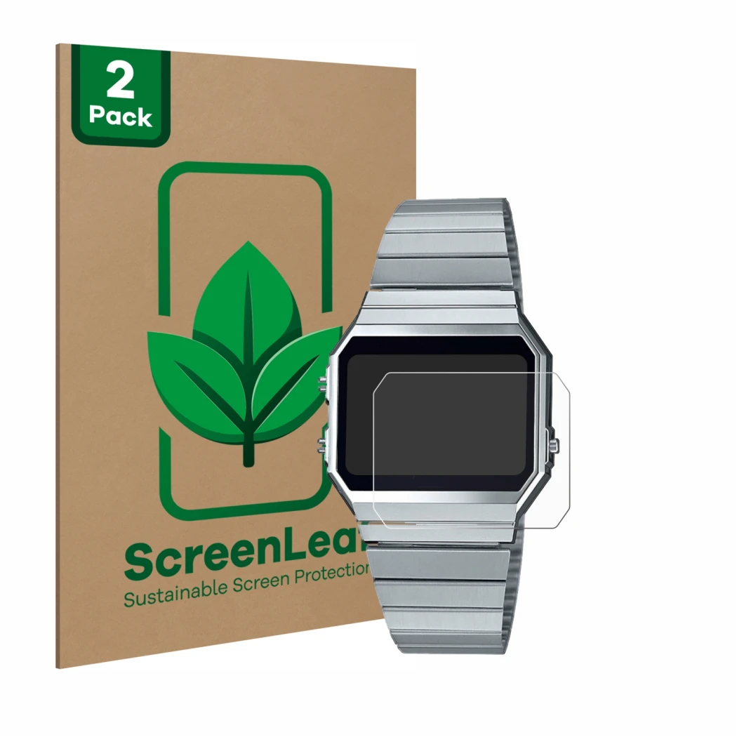 Face avant d’un emballage produit avec le logo de la marque ScreenLeaf. À côté, l’appareil Casio A700WE est représenté avec la