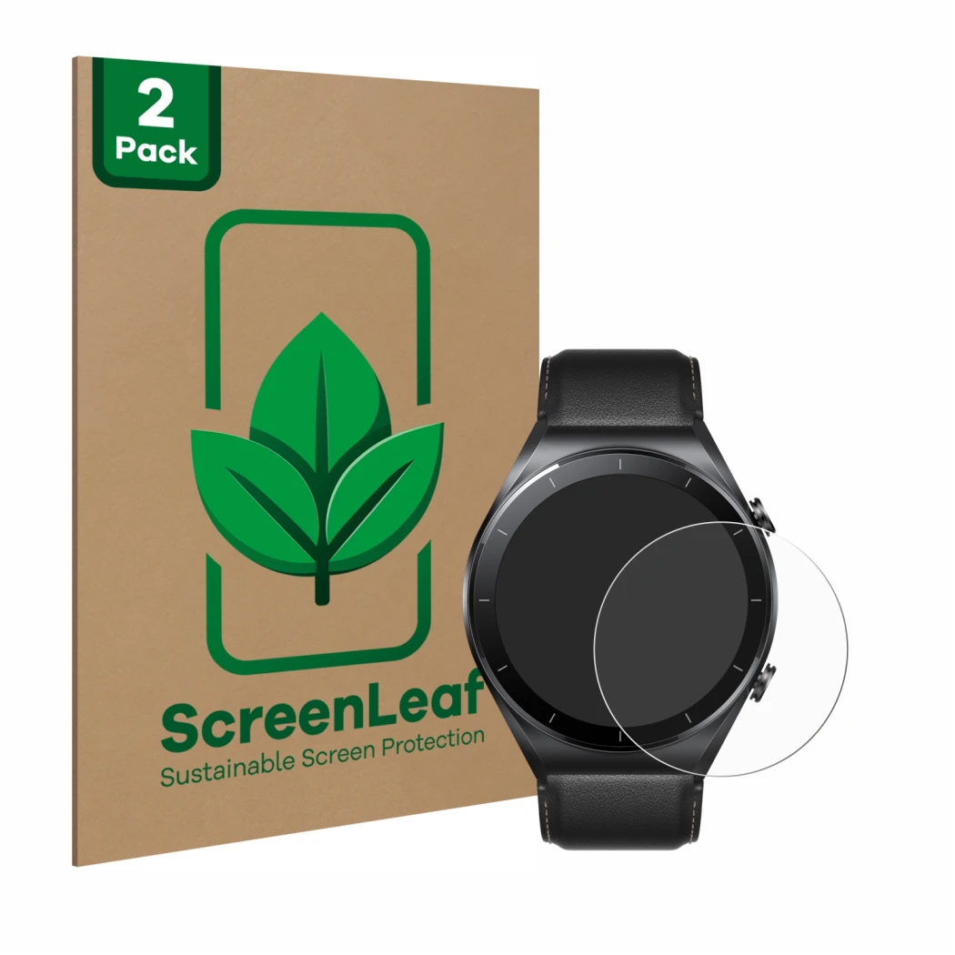 Face avant d’un emballage produit avec le logo de la marque ScreenLeaf. À côté, l’appareil Xiaomi Watch S1 est représenté avec