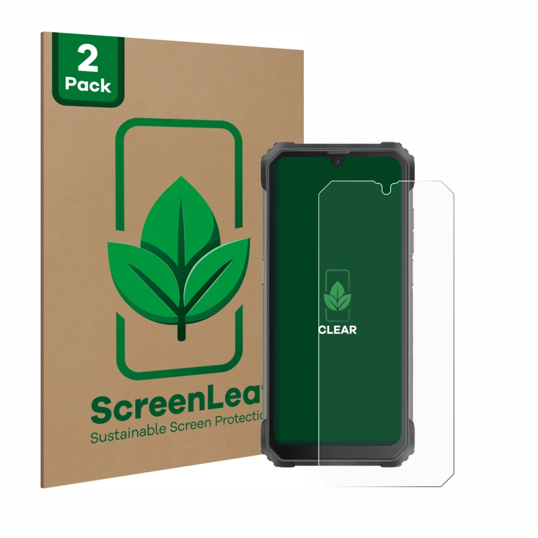 Face avant d’un emballage produit avec le logo de la marque ScreenLeaf. À côté, l’appareil Blackview BV8800 est représenté ave