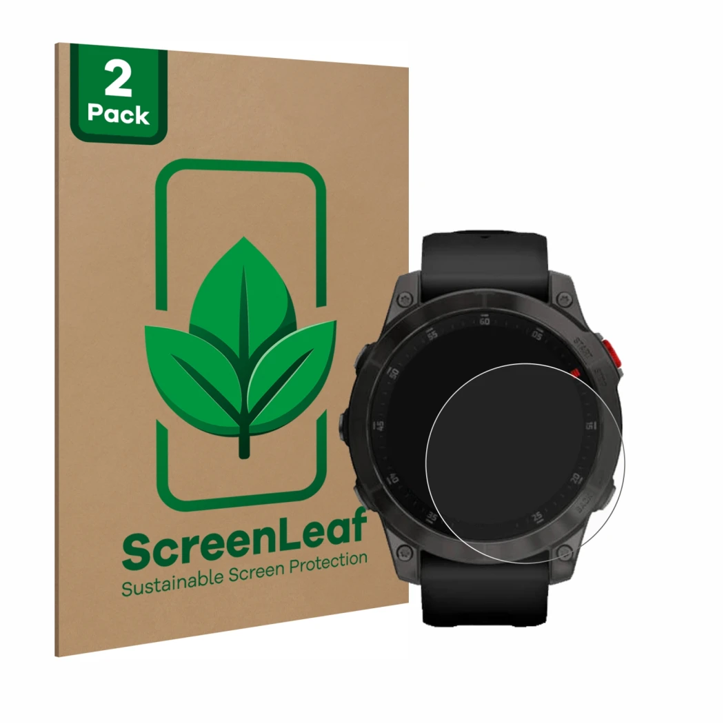Face avant d’un emballage produit avec le logo de la marque ScreenLeaf. À côté, l’appareil Garmin epix (Gen. 2) est représenté