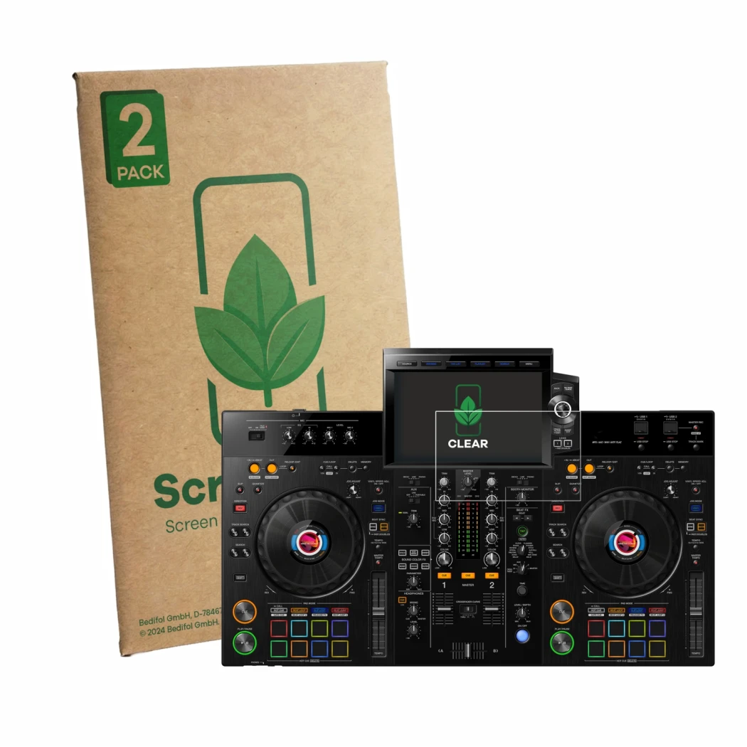 Face avant d’un emballage produit avec le logo de la marque ScreenLeaf. À côté, l’appareil Pioneer XDJ-RX3 est représenté avec