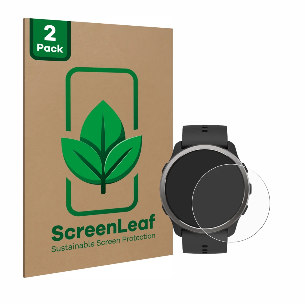 Face avant d’un emballage produit avec le logo de la marque ScreenLeaf. À côté, l’appareil Suunto 5 Peak est représenté avec l