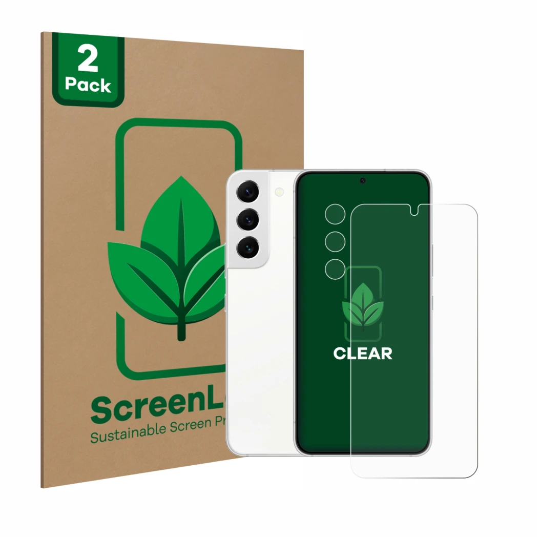 Face avant d’un emballage produit avec le logo de la marque ScreenLeaf. À côté, l’appareil Samsung Galaxy S22 5G (Avant+Caméra