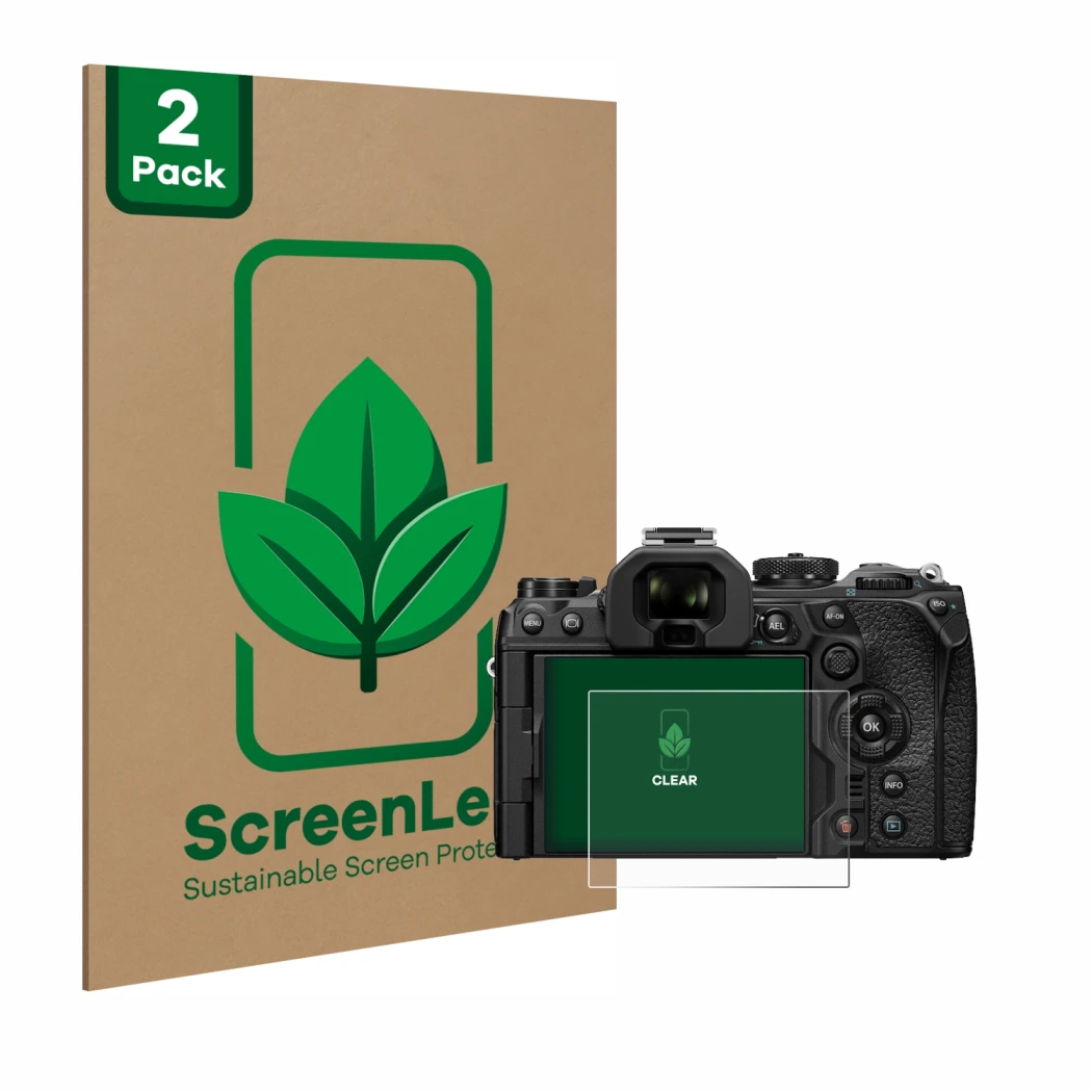Face avant d’un emballage produit avec le logo de la marque ScreenLeaf. À côté, l’appareil Olympus OM-1 2022 est représenté av